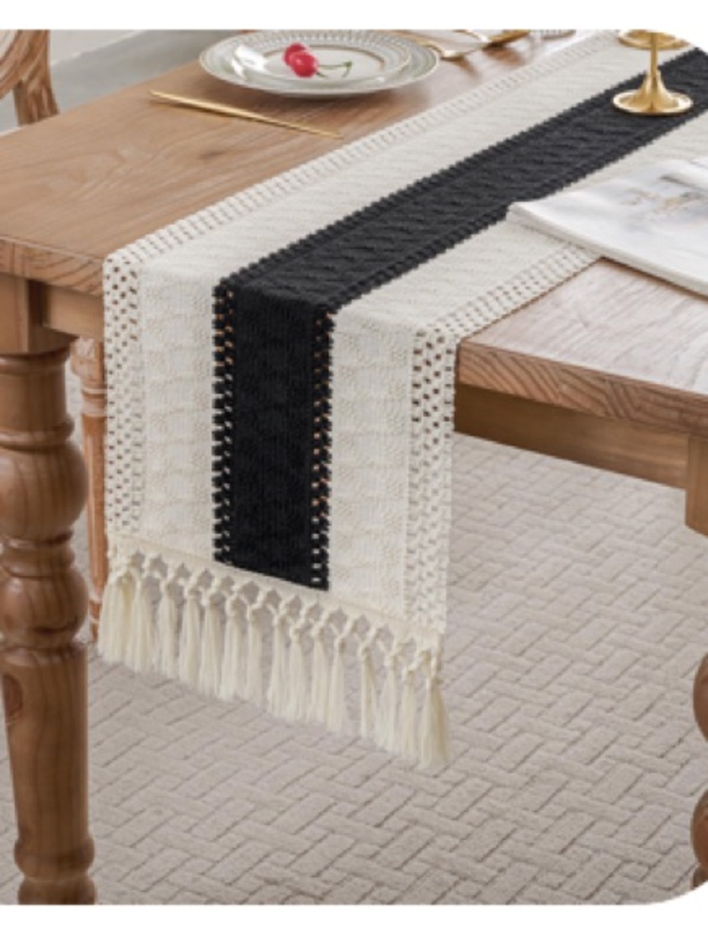 Black and Cream Macramé Table Runner